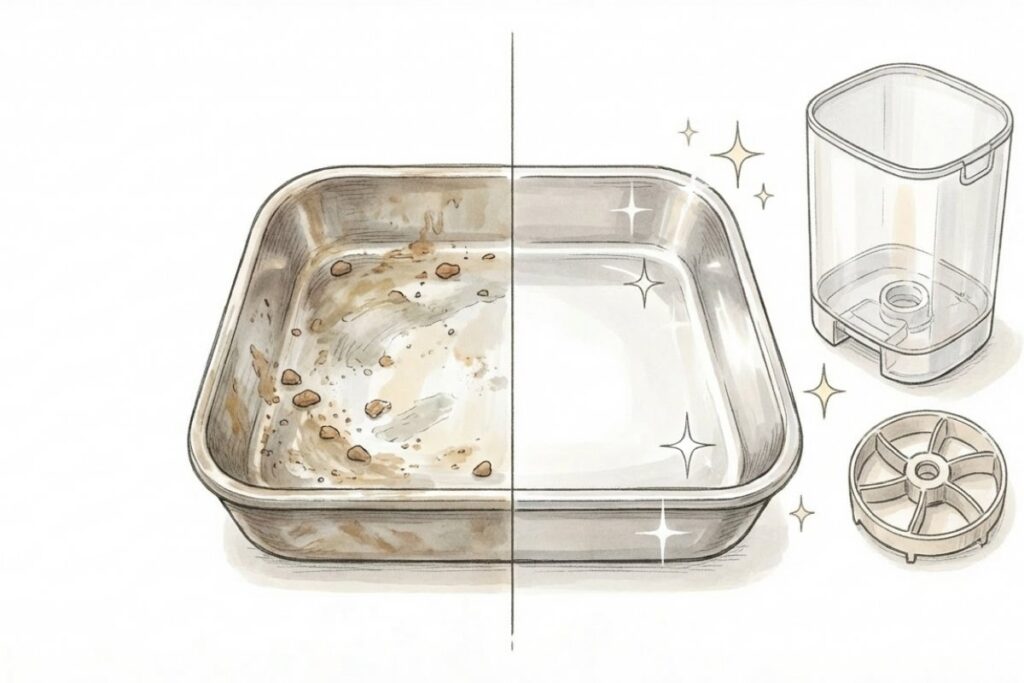 汚れたトレイと洗浄後の清潔なトレイを比較し、分解できるパーツも描いたイラスト。自動給餌器の丸洗いと衛生管理