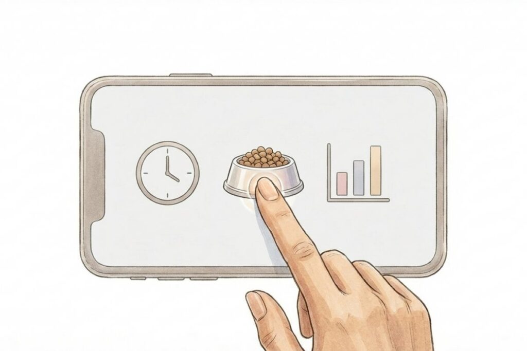 スマホアプリで給餌時間と量を設定し、食事履歴を確認するイメージ。自動給餌器のアプリ連動操作