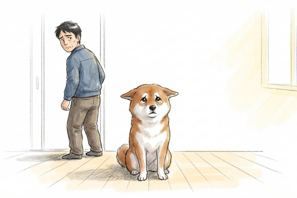 外出前に振り返る飼い主と不安そうに座る犬。留守番中の食事を自動給餌器で安心管理するイメージ