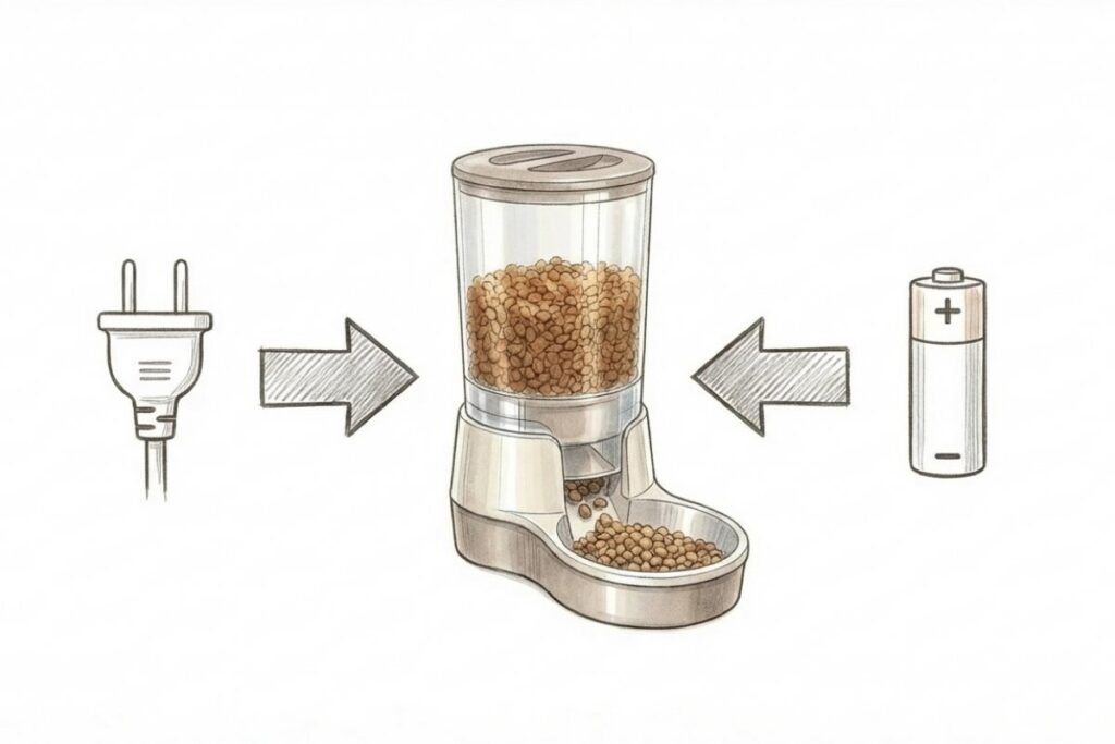 コンセント給電と乾電池の両方に対応する自動給餌器のイラスト。停電時の電池バックアップ対策