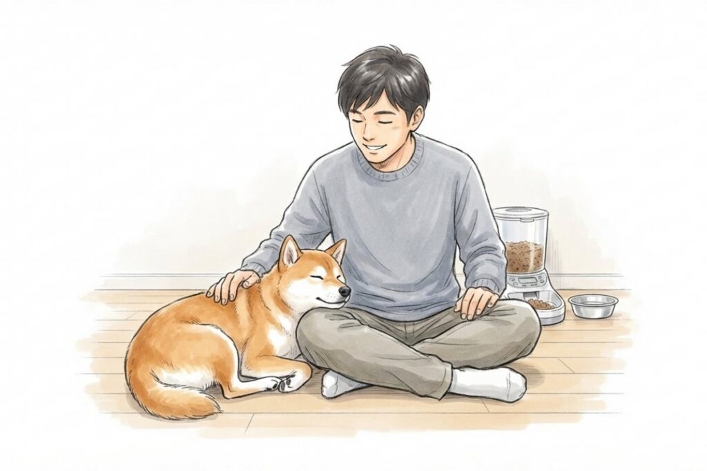 飼い主が犬を撫でてくつろぐ室内と背後の自動給餌器。規則正しい給餌で安心な暮らしを表現
