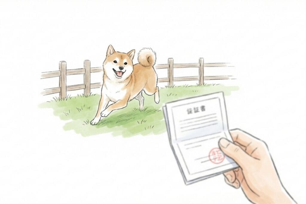 フェンス内で走る犬と、手に持った証明書のイラスト。ホームセンター併設ドッグラン利用に必要なワクチン証明書のイメージ。