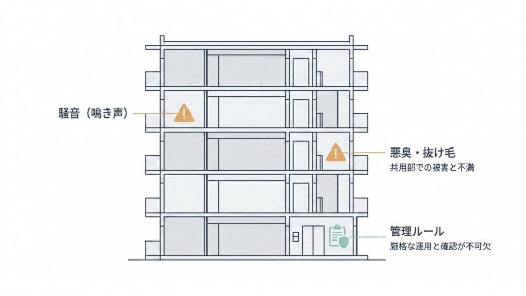 集合住宅での騒音、悪臭、抜け毛、管理ルールの論点を建物断面で示す解説図