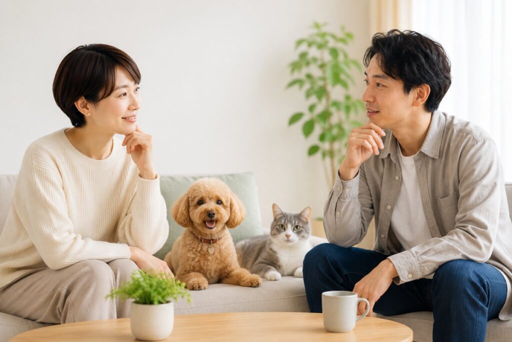 ペットの丁寧な言い方を話し合う男女と犬猫の様子