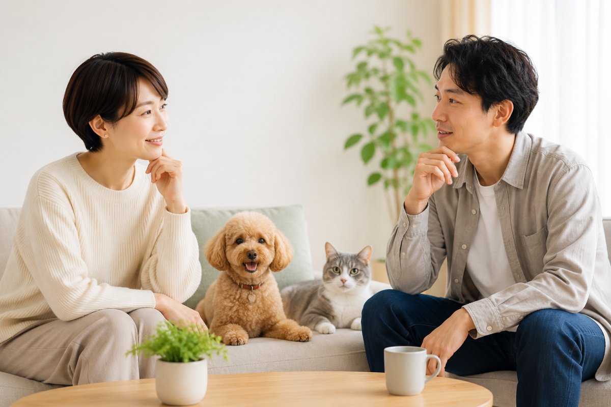 ペットの丁寧な言い方を話し合う男女と犬猫の様子