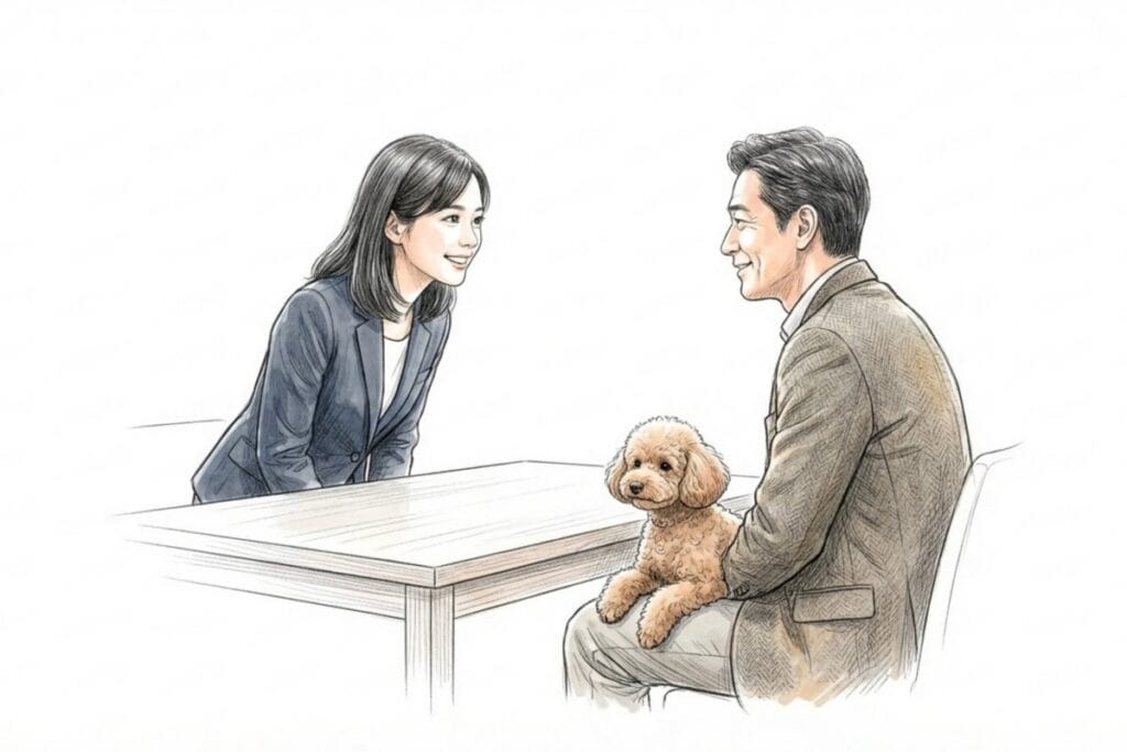 打ち合わせの席で、犬を連れた相手と会話する場面。ペットの呼び方や類語を、相手との関係性に合わせて丁寧に使い分ける基本を示すイメージ。