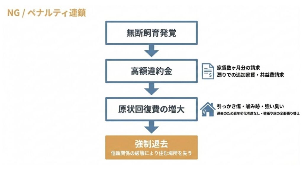 無断飼育発覚後に高額違約金、原状回復費、強制退去へ進むペナルティ連鎖のフロー図