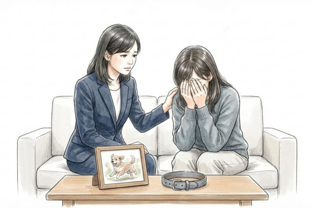 涙ぐむ女性に寄り添い肩へ手を添える場面。テーブルに犬の写真立てと首輪があり、ペットのお悔やみメールでの言葉選びやNG例への配慮を示す。
