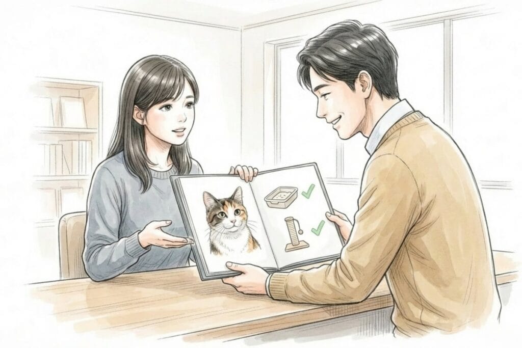 猫の情報が載った冊子とチェック項目を示しながら相談する2人の場面。賃貸交渉の問い合わせで、種類・しつけ等の具体情報を丁寧に伝える趣旨に合う。