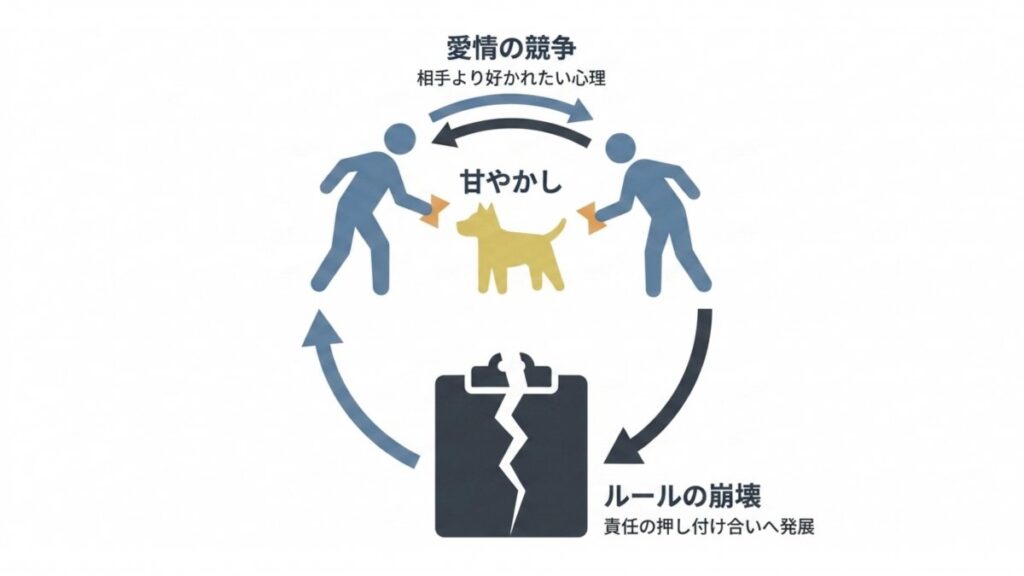ペットへの愛情の競争と甘やかしにより、夫婦間のルール崩壊が進む循環図