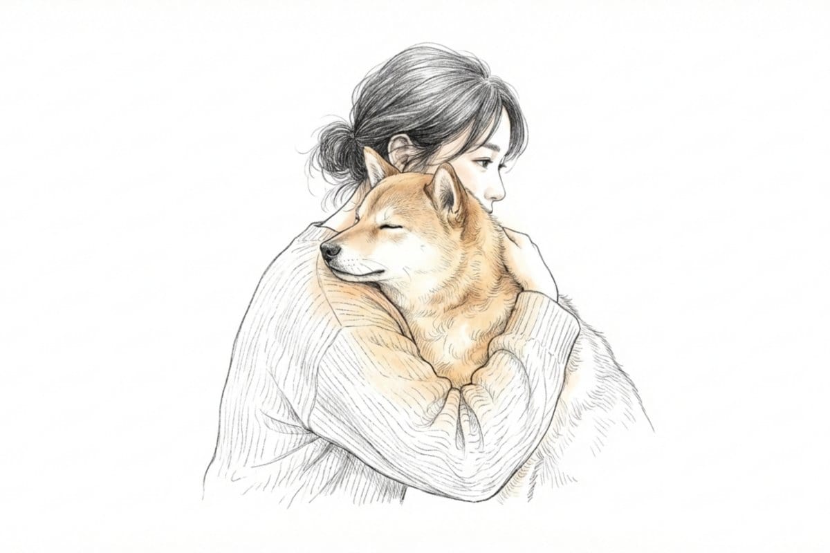 女性が犬を優しく抱きしめているイラスト。ペットを家族として尊重し、お悔やみやビジネスで失礼のない丁寧な言い方・マナーを考える導入に適した場面。