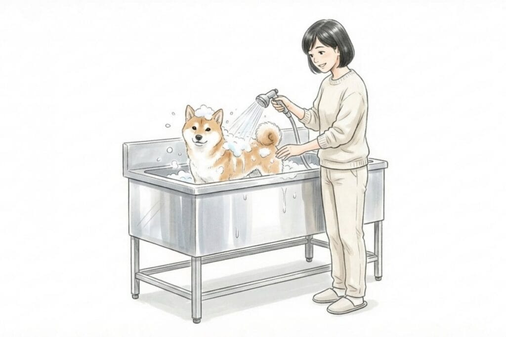 セルフウォッシュの洗い場で犬をシャワーで洗う飼い主のイラスト。ホームセンターのセルフシャンプー設備の利用イメージ。