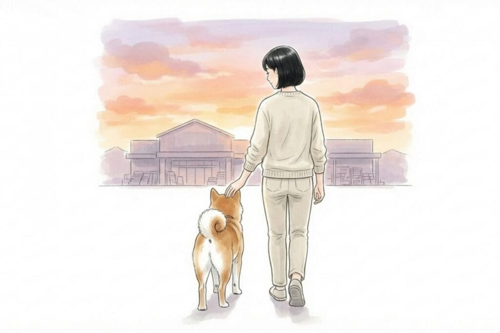 夕焼けのホームセンター前を飼い主と犬が歩くイラスト。ペット同伴でホームセンターを満喫するお出かけのイメージ。