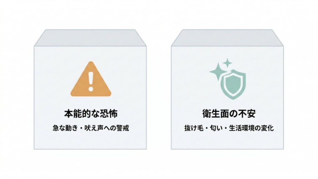 本能的な恐怖と衛生面の不安を並列した、ペット嫌いの心理背景と正当な理由の図解
