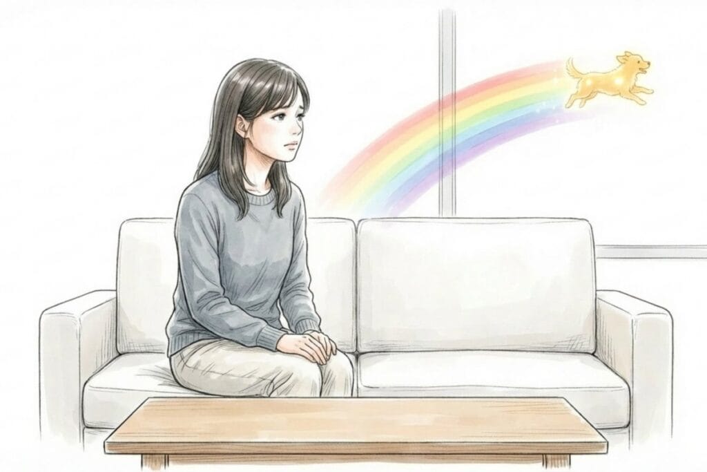 ソファに座る女性の前に、窓越しに虹と走る犬のシルエットが描かれたイラスト。亡くなった際の「虹の橋」などの表現を説明する見出しに適合。