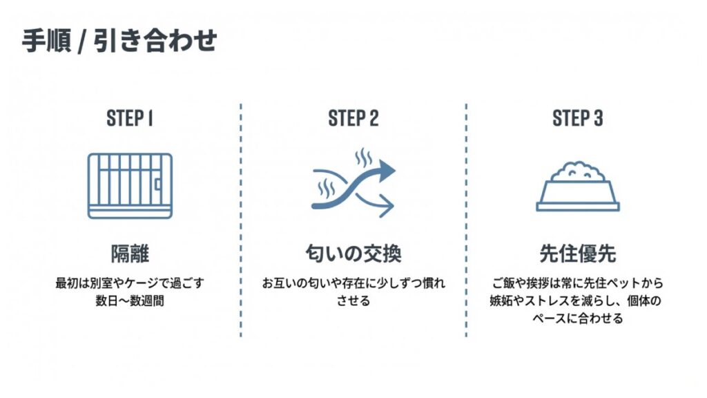 隔離、匂い交換、先住優先の3段階で進める引き合わせ手順を示すステップ図