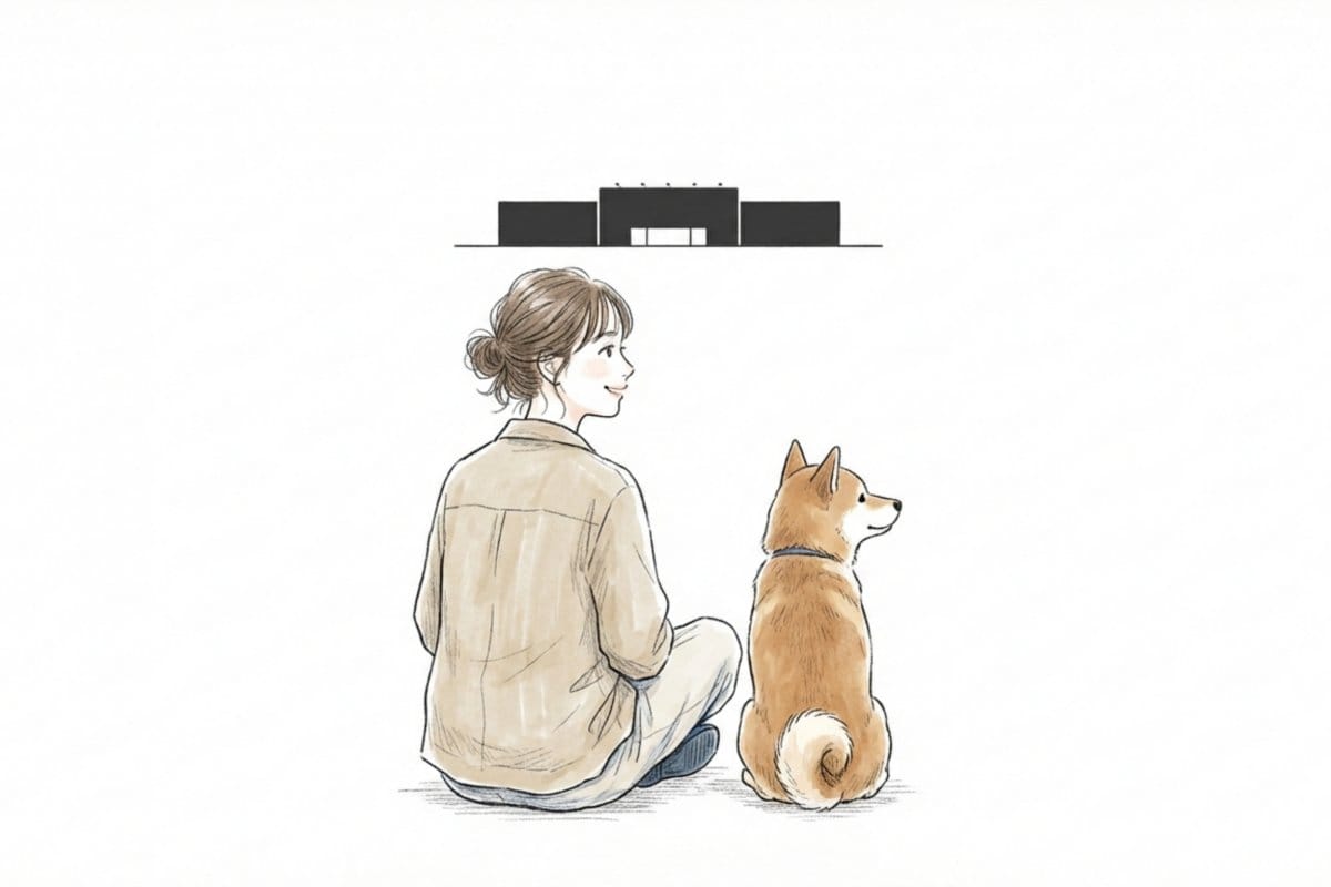 ペット入店可のホームセンターを背景に、飼い主と犬が並んで座るイラスト。愛犬同伴で買い物を楽しむ導入イメージ。