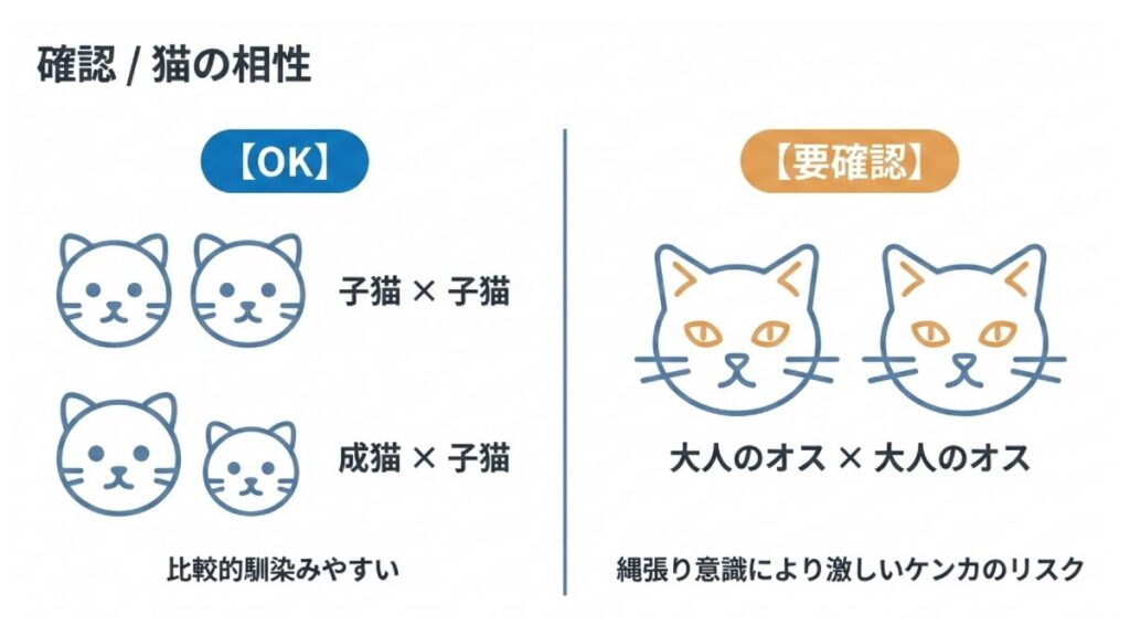 子猫同士や成猫と子猫の組み合わせと、成猫オス同士の相性を対比した猫の比較図