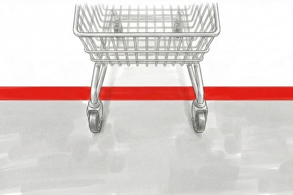 床の赤いライン手前で止まるショッピングカートの前輪のイラスト。ホームセンターのペット立ち入り禁止エリア境界を示す。