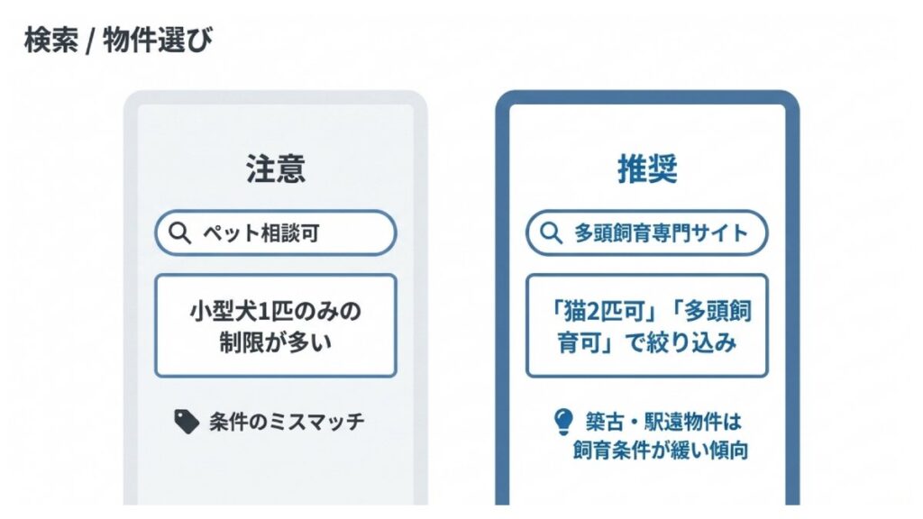 ペット相談可物件の条件ミスマッチと、多頭飼育可物件の探し方を対比した比較図