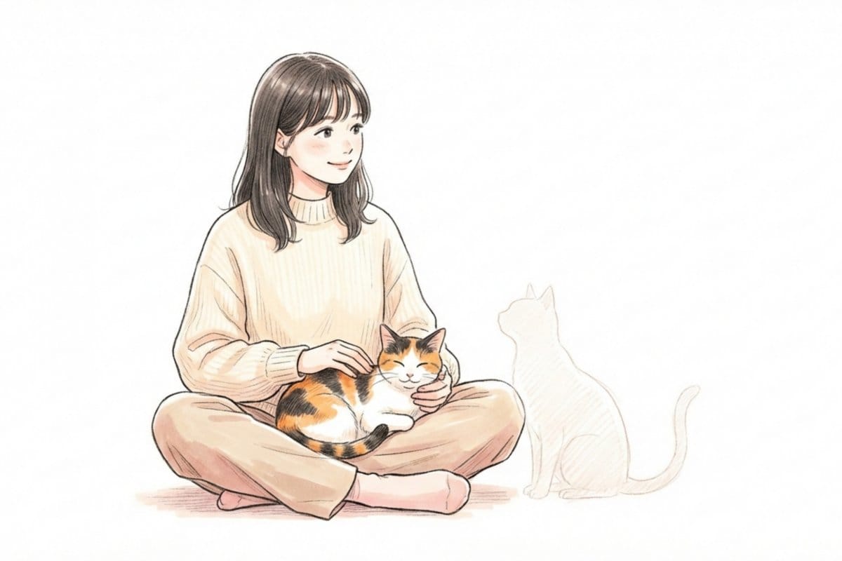 ペット1匹までの賃貸で猫を飼う女性が、膝の上の猫を撫でながら2匹目を迎えたいと考えるイメージ