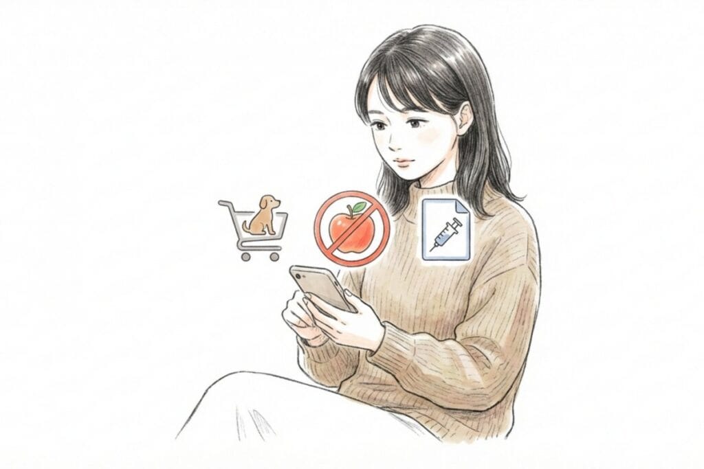 スマホでペット同伴ルールを確認する女性のイラスト。ペットカート必須や食品エリア禁止、ワクチン確認など事前準備の要点。