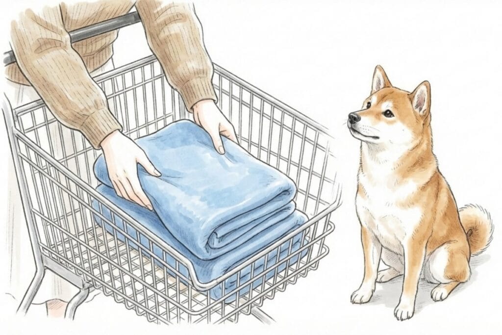 店舗のカートにブランケットを敷いて準備する手元と犬のイラスト。ホームセンターのペットカート貸し出し利用前の衛生マナー。