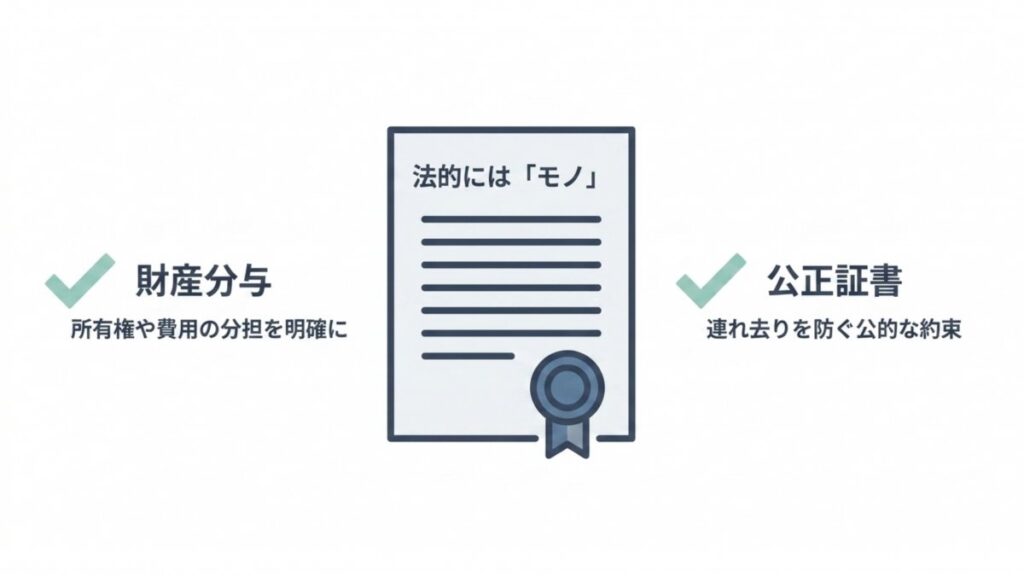 財産分与と公正証書を並べ、ペットの所有権と費用負担の公的な約束を示す図解
