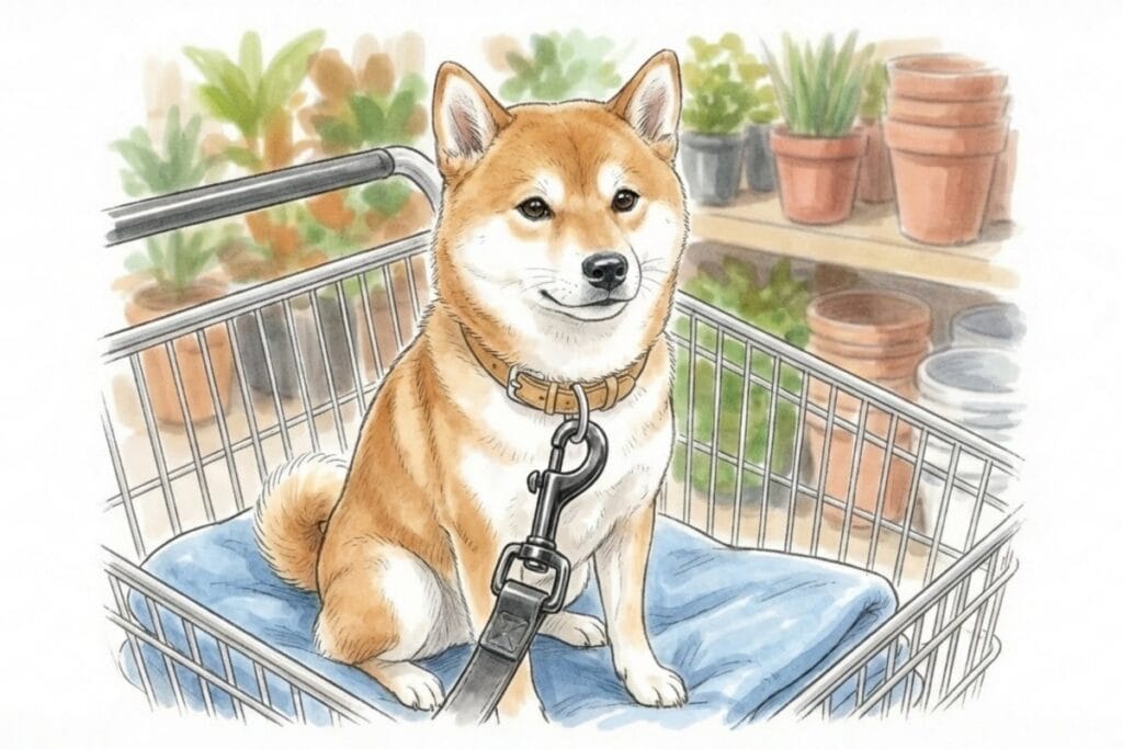 敷物を敷いたペットカート内で犬が座り、リードフックで固定されているイラスト。ホームセンターでのペットカート利用マナー。