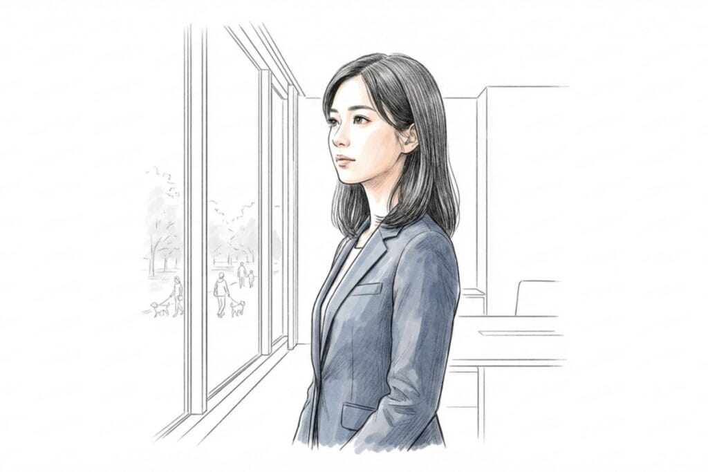 オフィスでスーツ姿の女性が窓外を見つめ、外には犬と歩く人影があるイラスト。ビジネスメールでの適切な呼称・敬語の使い方を考える場面に合う。