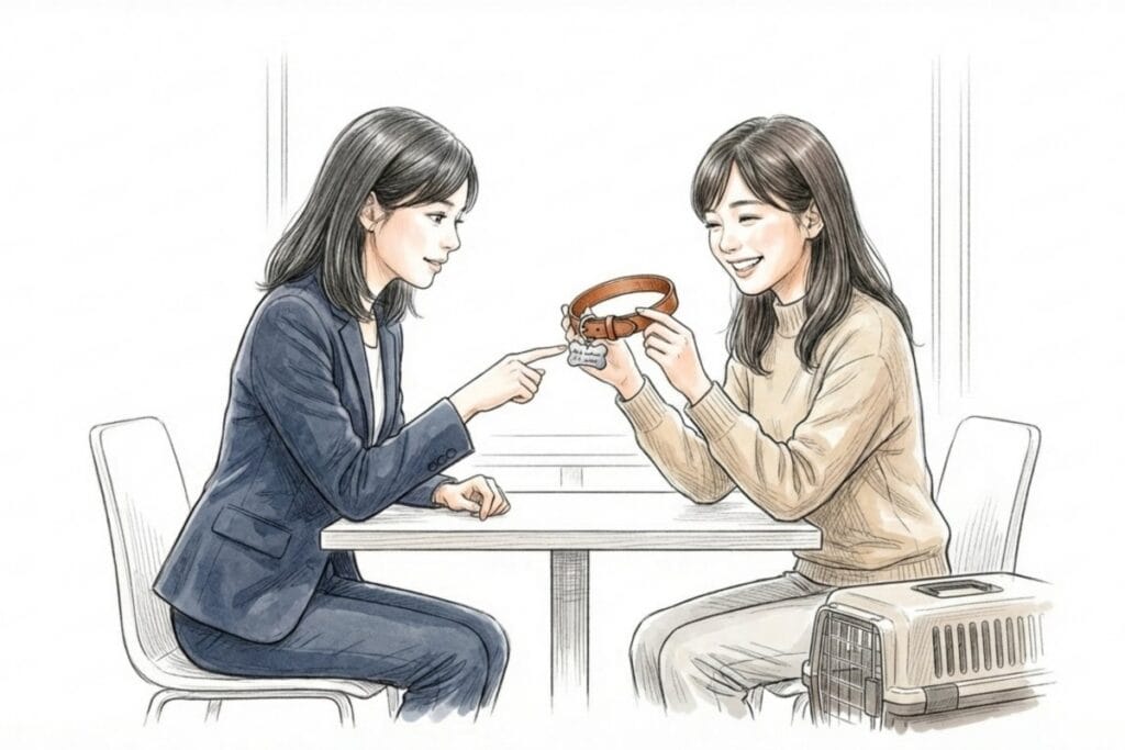 2人がテーブルでペット用首輪と名札を見ながら相談し、横にキャリーが置かれた場面。お悔やみ・交渉などシーン別の言葉選びを想起させる。