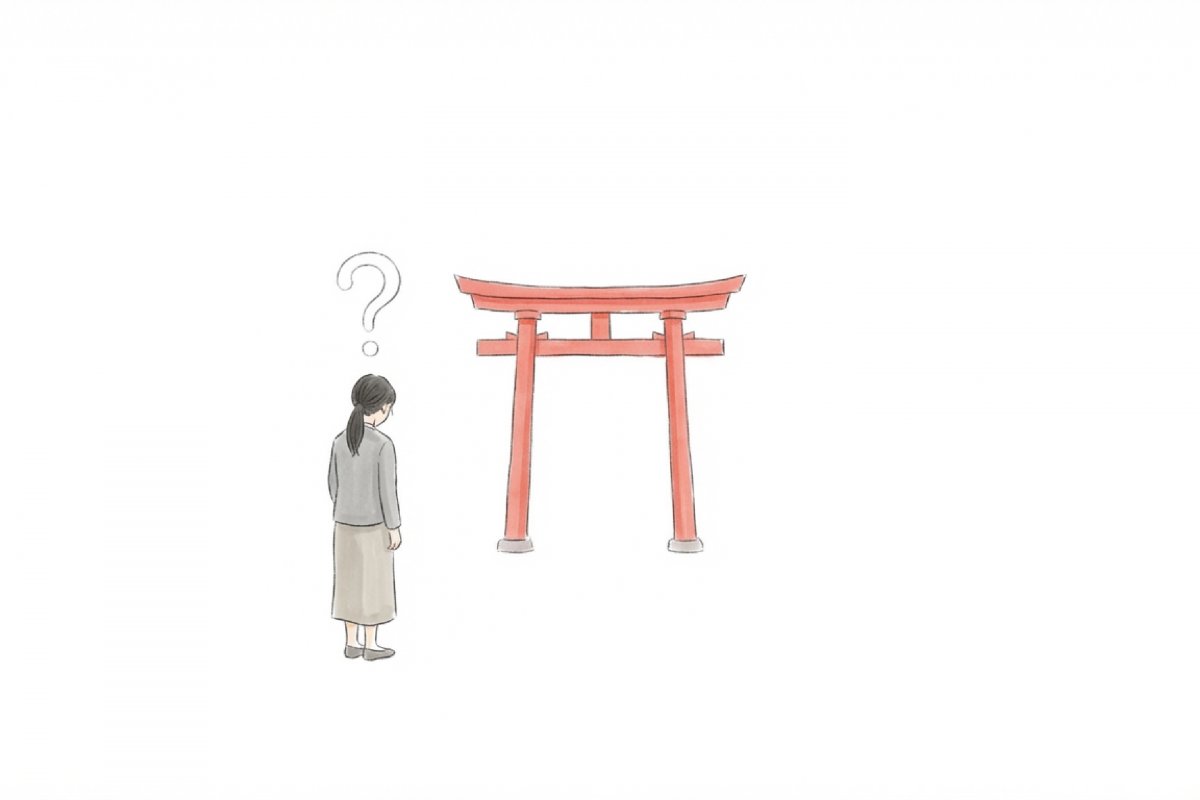 ペットの喪中に神社参拝してよいか迷い、鳥居の前で立ち止まる飼い主を描いたイラスト