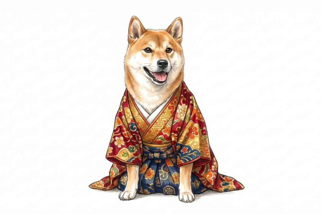 晴れ着を着た柴犬。神社でペット七五三や健康祈願のご祈祷を受ける準備をしている状態。