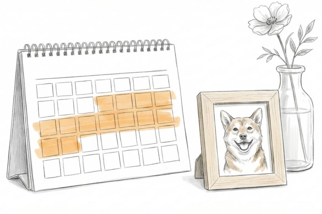色付けされた卓上カレンダーと犬の写真立て、供花。ペットの忌中・喪中の期間を日数で数える状況。