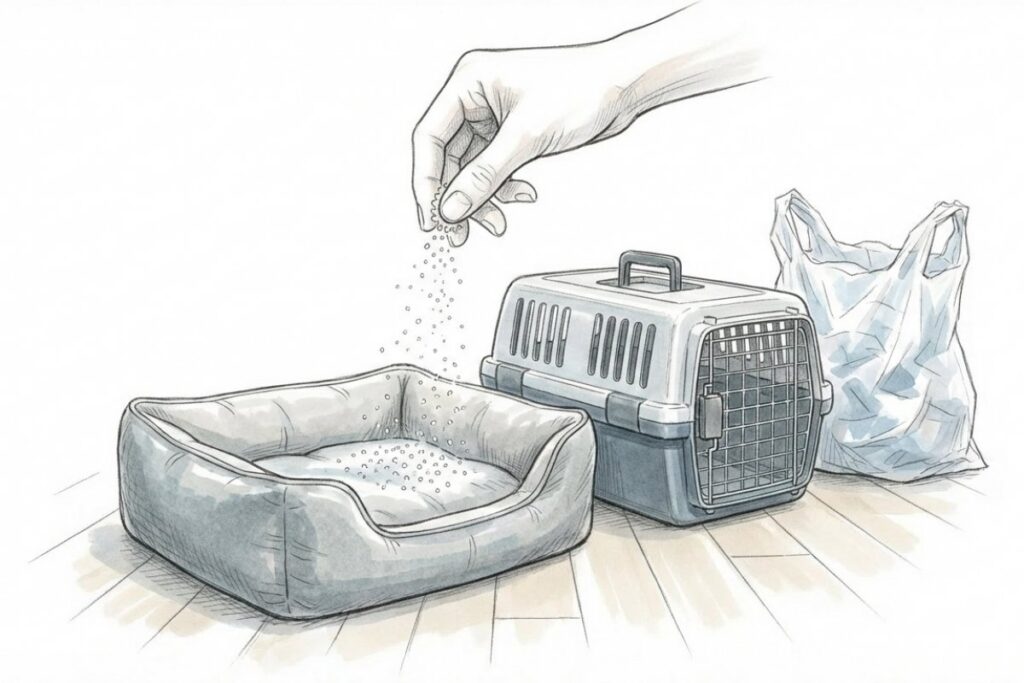 犬用ベッドとペットキャリー、処理袋。ペット同伴の神社参拝に備えた排泄対策用品を準備している状態。