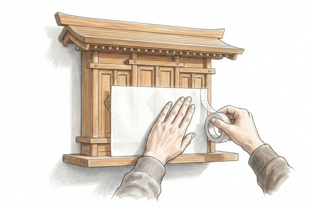 自宅の神棚と白い半紙、テープ。ペットの忌中に神棚封じで扉正面を覆っている状態。