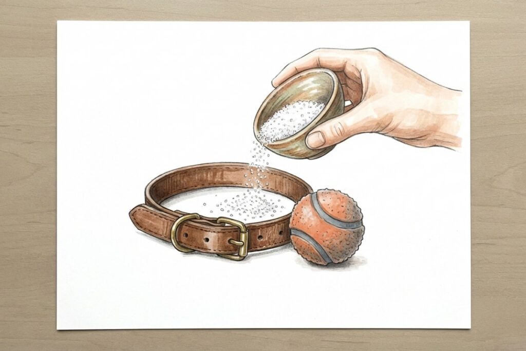 犬の首輪とボールに塩をふりかける手。ペットの遺品を清めて処分する手順。