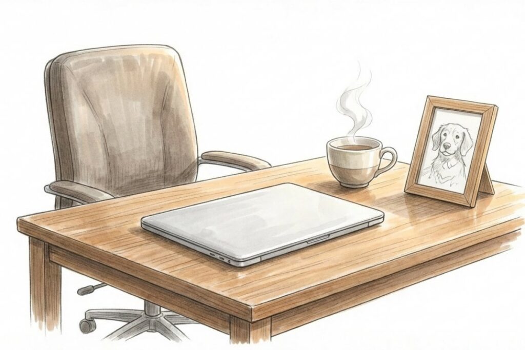 オフィスデスクのノートパソコンと犬の写真立て。ペット忌引き休暇の申請や会社への報告を行う状況。
