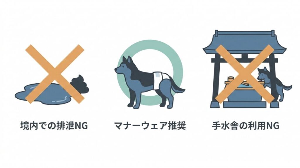 境内での排泄禁止、マナーウェア推奨、手水舎利用禁止を犬のアイコンで並べた注意図