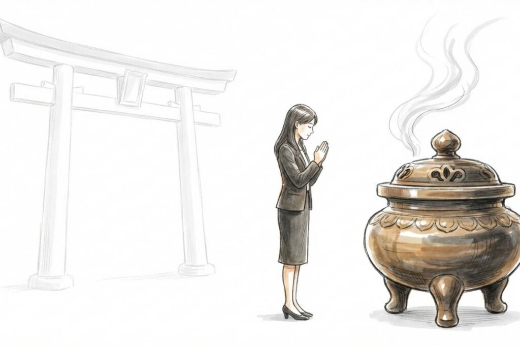 神社の鳥居のそばで手を合わせる参拝者と香炉の煙。神社参拝と寺院参拝の違いを比較している状態。