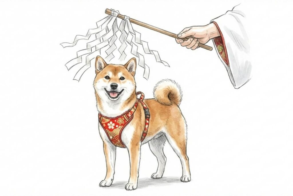 神職の祓串でお祓いを受ける犬。シニア期の健康祈願と厄払いのご祈祷を受けている状態。