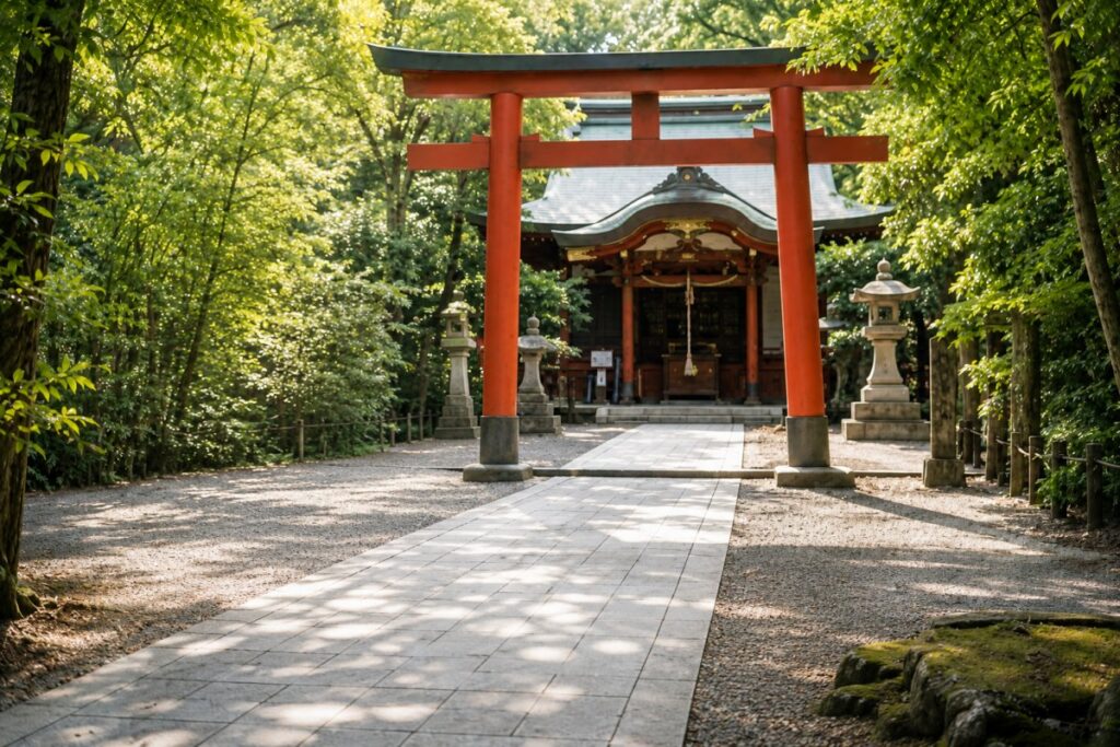 ペットの喪中に訪れる静かな神社の参道と鳥居