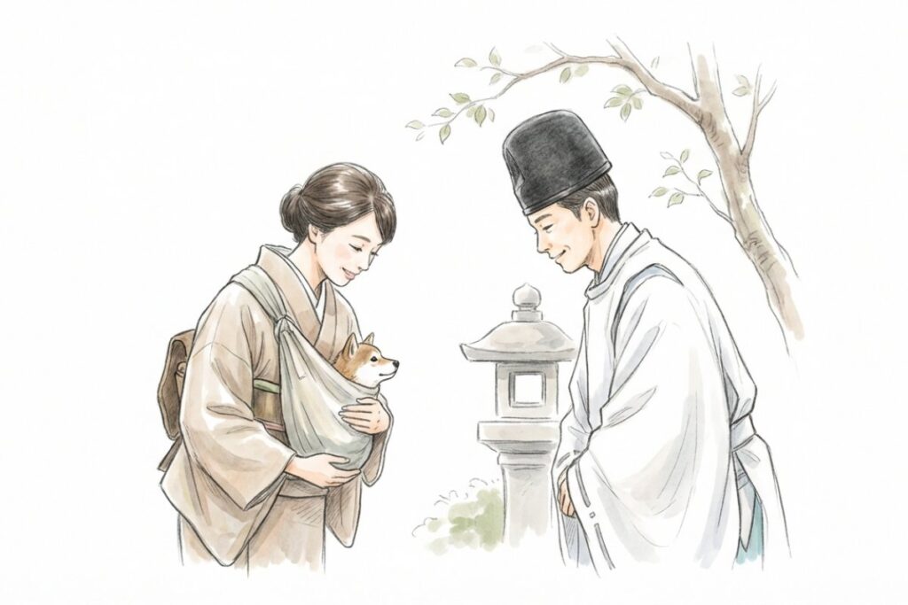 神社の神職と犬を抱いた参拝者。ペット同伴参拝の可否や条件を事前確認している状況。