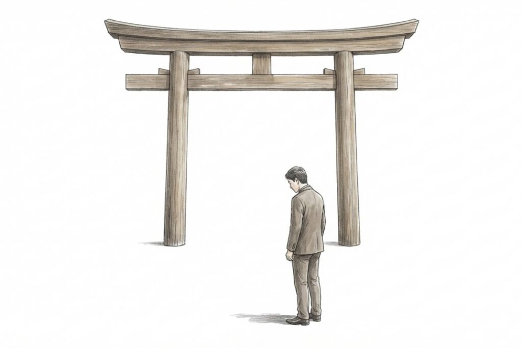 神社の鳥居の前で頭を下げる参拝者。忌中の初詣を控えて境内に入らない状態。