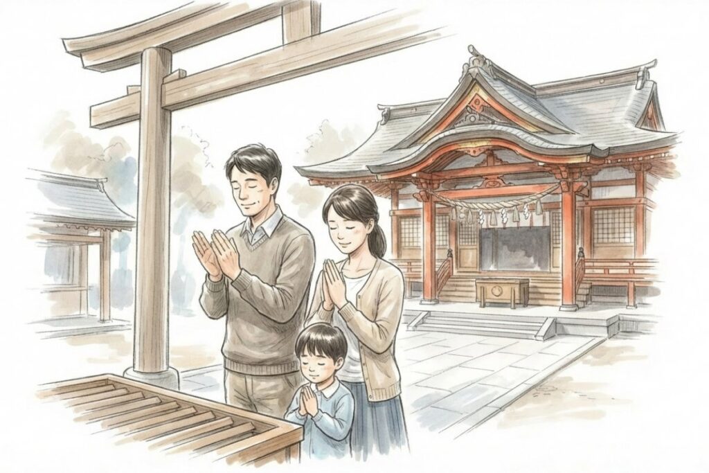 神社の賽銭箱の前で手を合わせる家族。忌明け後に厄払い・初詣・七五三の参拝をしている状態。