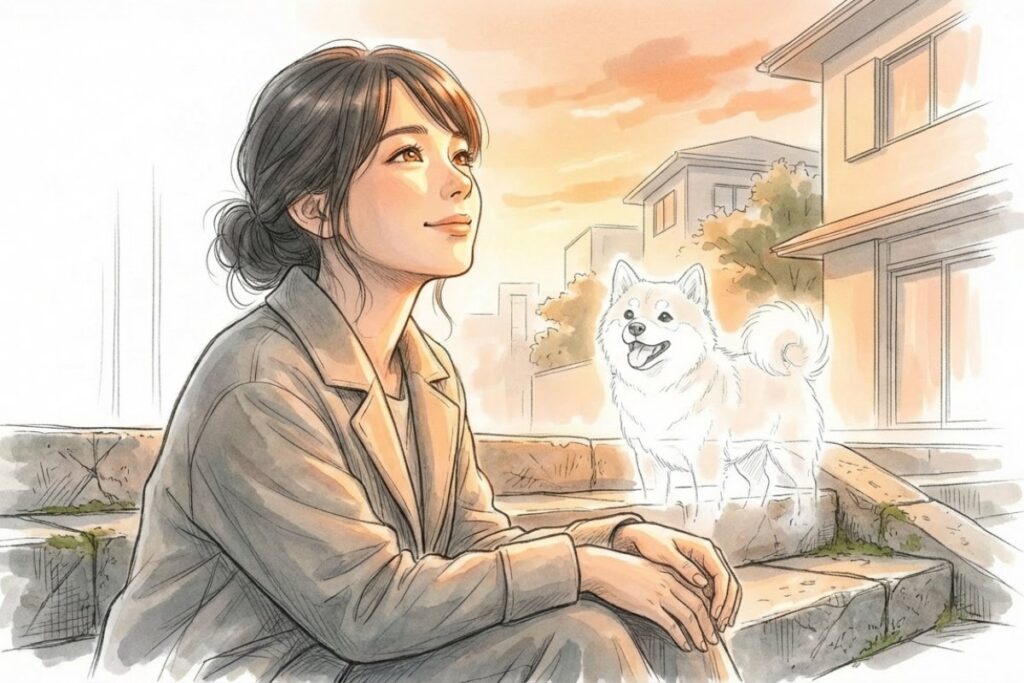 夕暮れの路地に座る飼い主と半透明の犬の姿。ペットの死後に喪中として過ごしている状態。