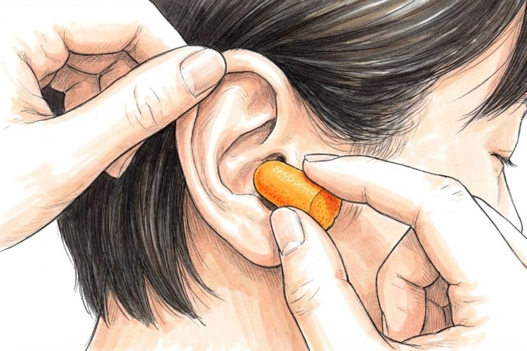 耳のアップにフォーム状の耳栓を差し込み、手で耳介を引いて装着している様子。耳栓で高音の侵入を減らし、つらい時間帯を一時的に回避する方法。
