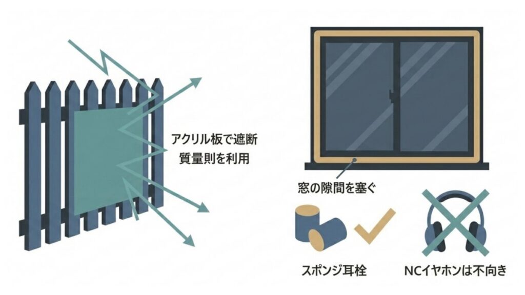 アクリル板による遮音、窓の隙間対策、スポンジ耳栓の使用例をまとめた対策図