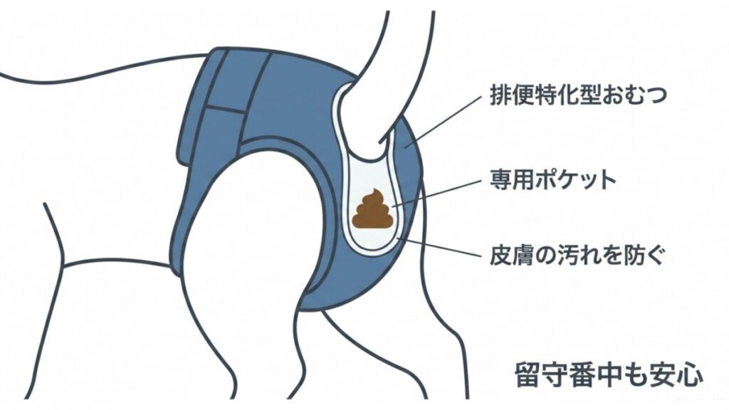 排便特化型おむつの専用ポケットが、排泄物を受け止めて皮膚の汚れを抑える仕組みの構造図