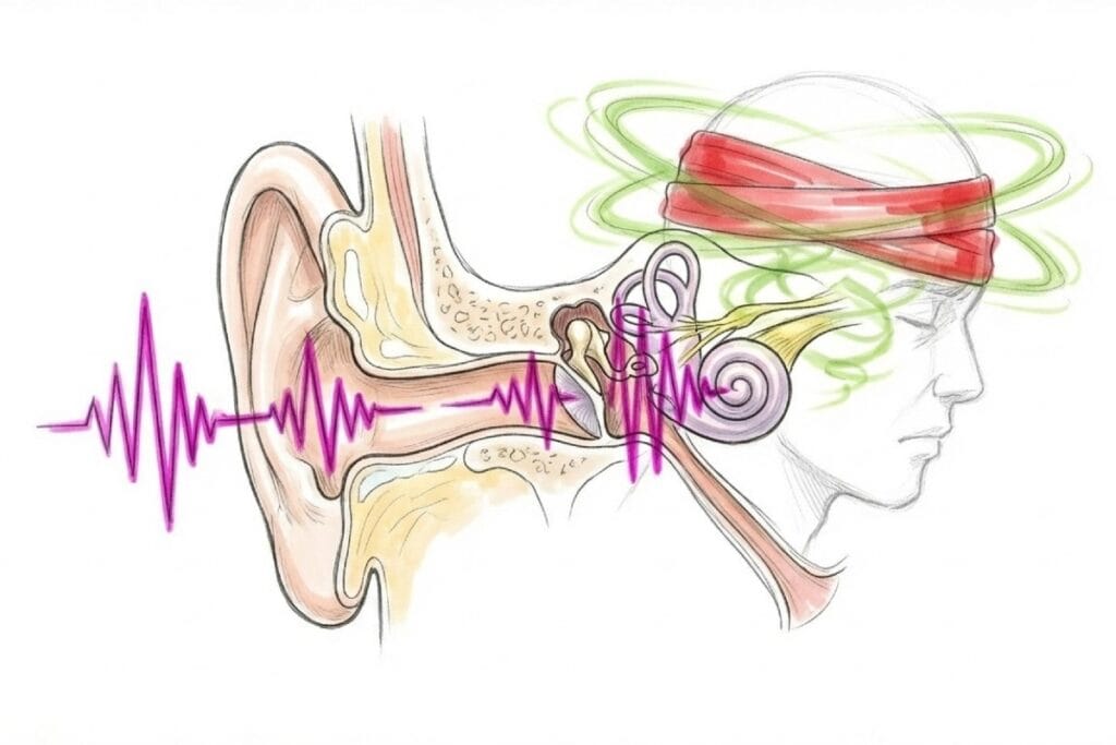 耳の断面図に音の波形が入り、内耳付近からめまいを連想する渦が広がるイラスト。体調不良の原因として、超音波刺激と内耳の関係を整理する。